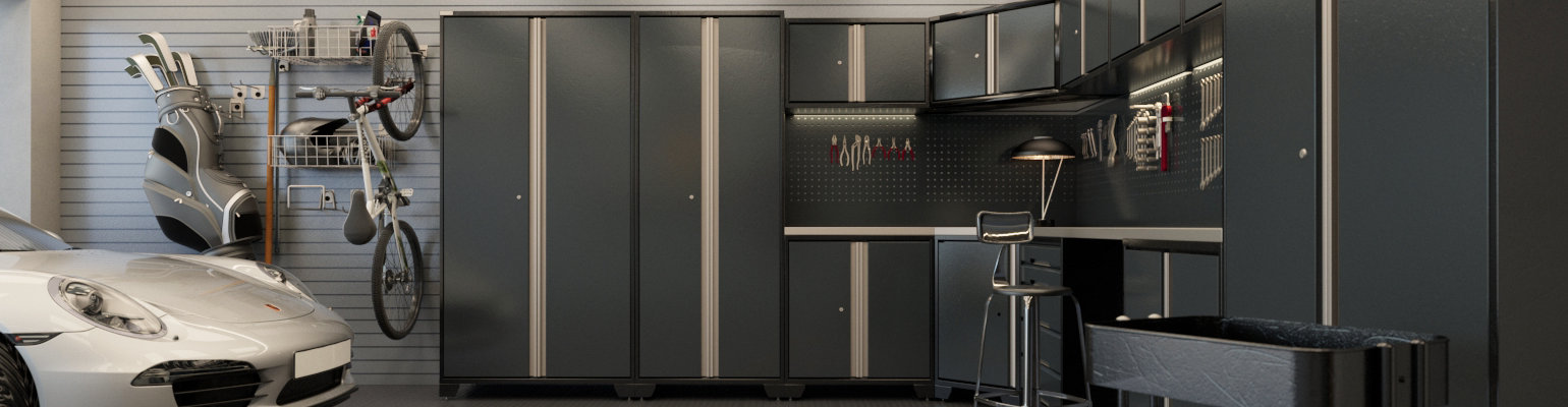 A large garage rendered design with blue storage cabinets and bikes hanging up by GaragePride